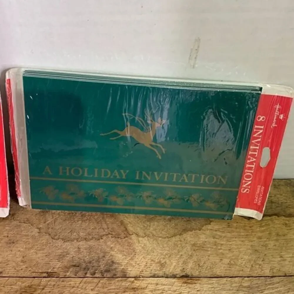 VTG Hallmark holiday invitation cards reindeer‎ red green gold